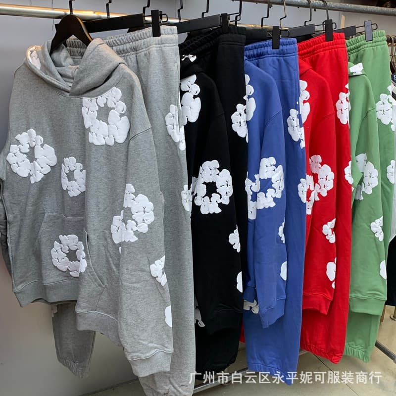 European and American Hip-Hop Cotton Wreath Swearsuit Kapok Print Hooded Sweater Pants Sports Suit