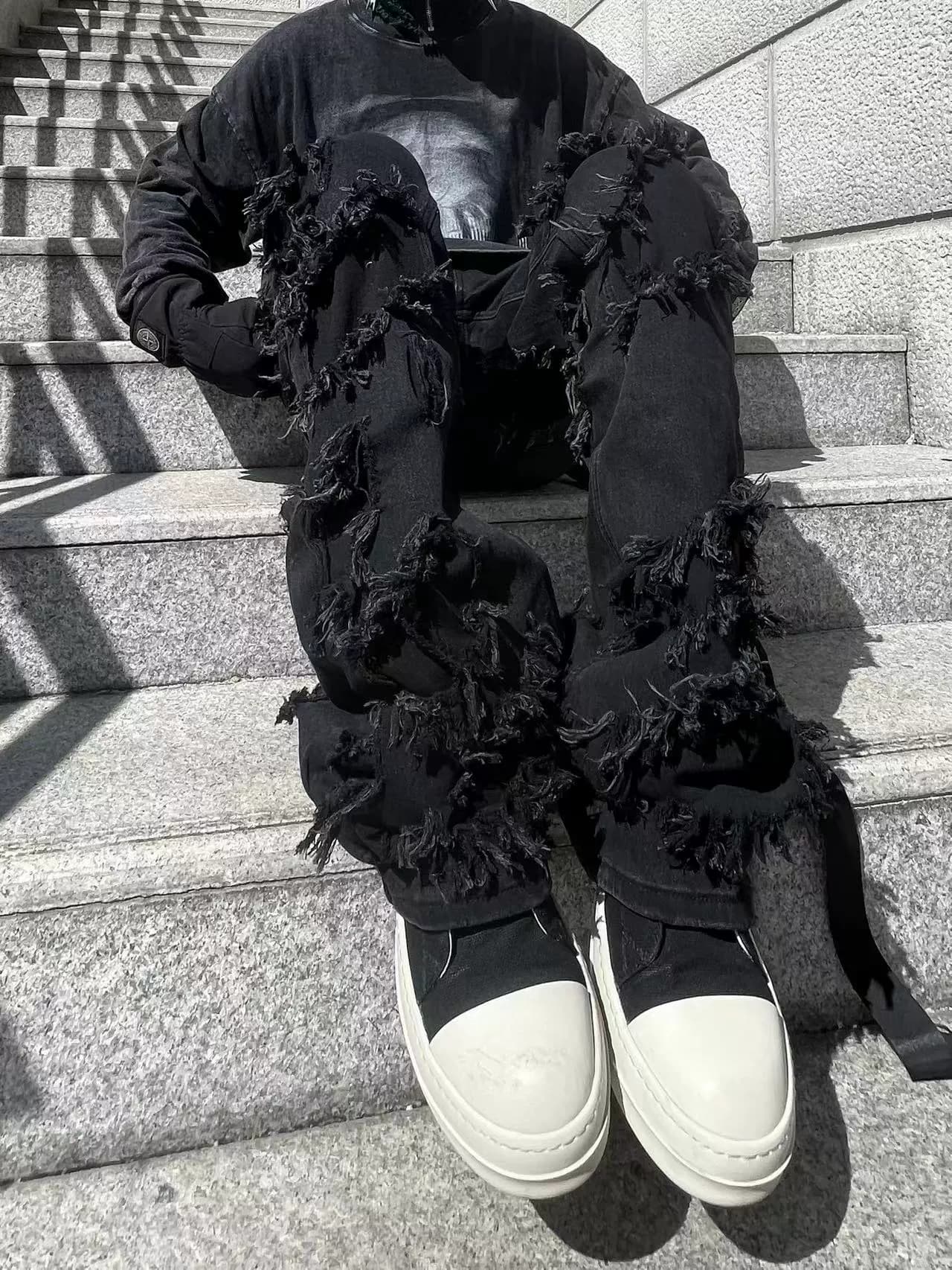 TRB Dark High Street RO Functional Wind Double-layer Knife Cut Damaged Micro-flared Trousers Erosion Ribbon Loose Jeans
